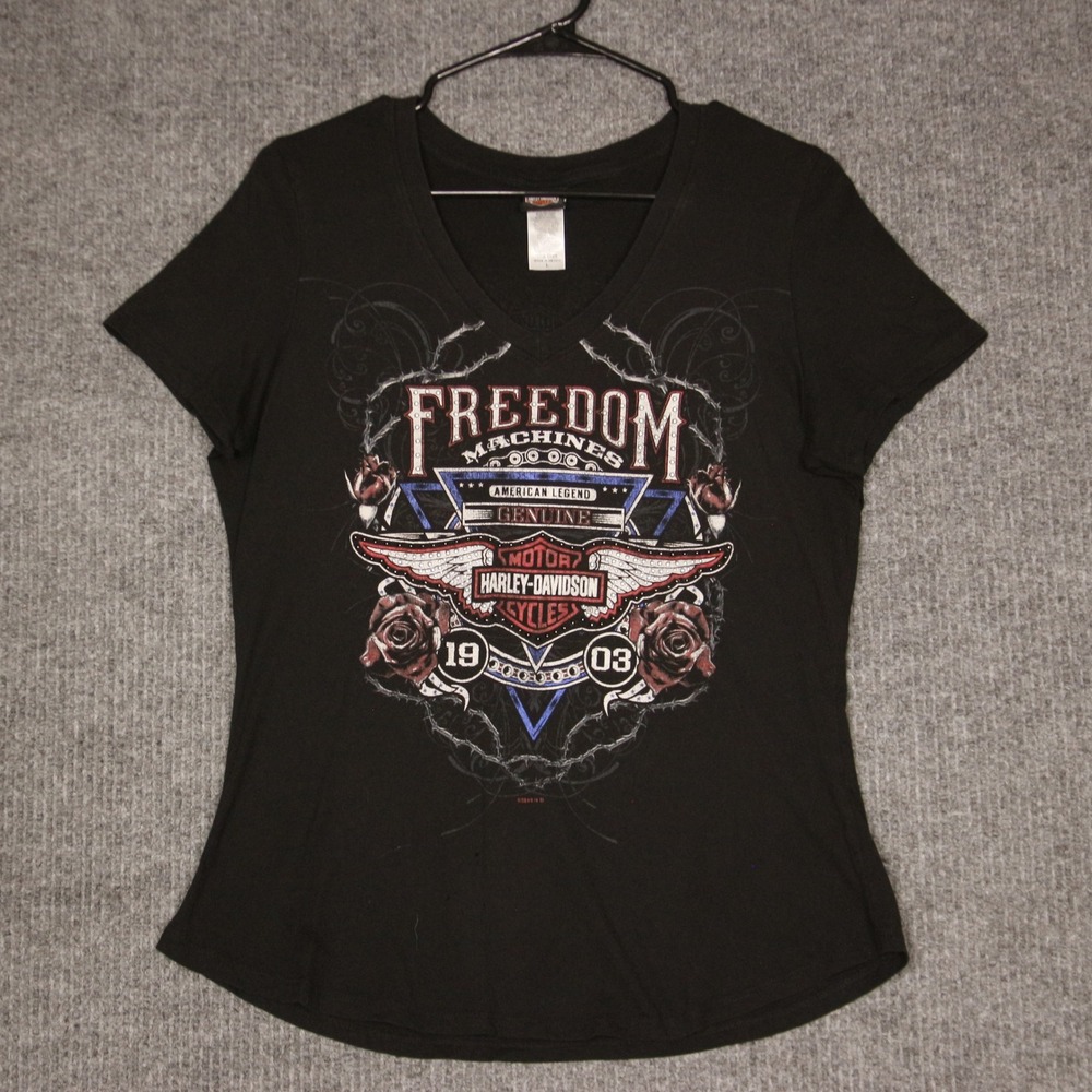 Harley Davidson Womens Black V Neck Top Freedom Machines Roses Graphic Size L